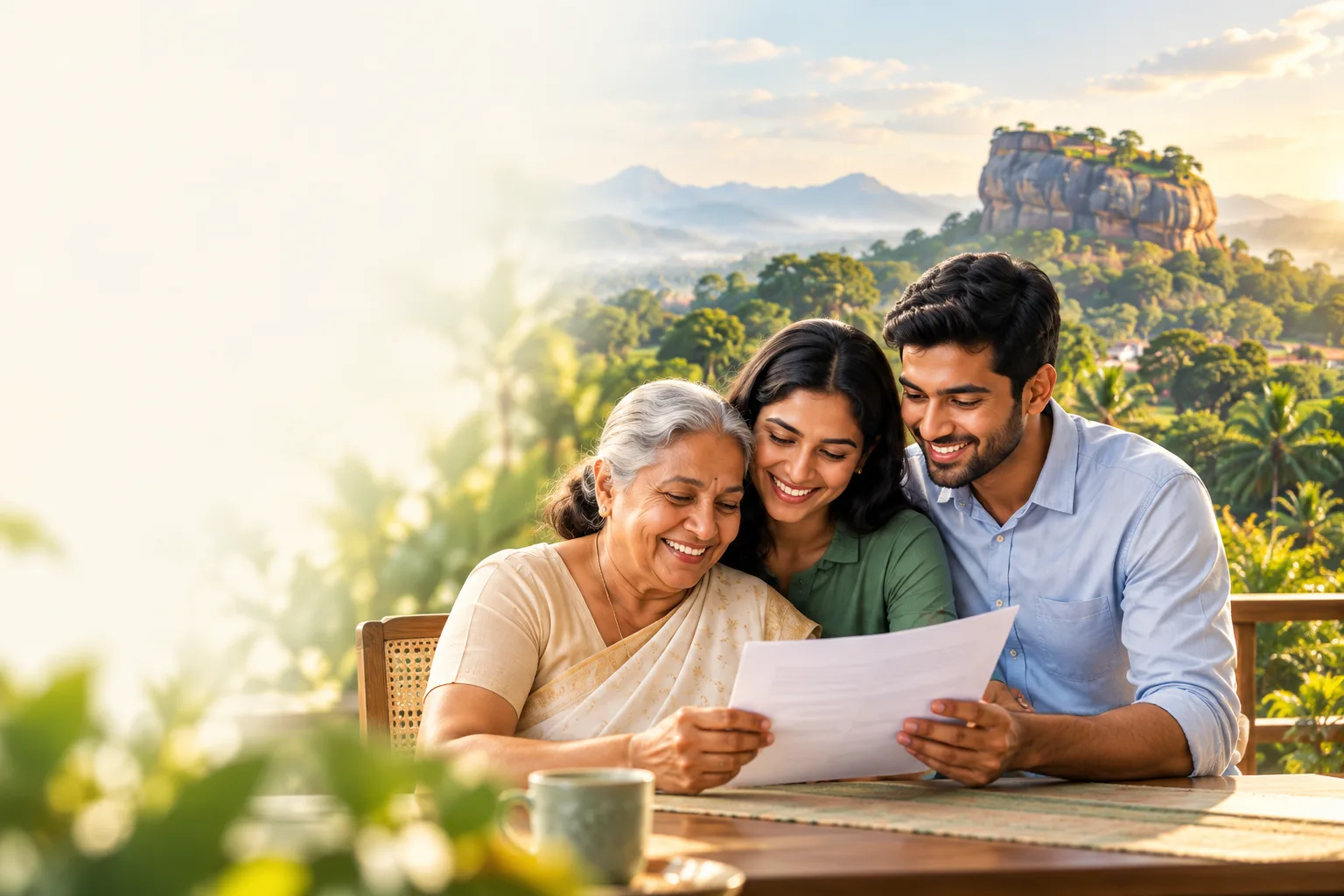 Illustration of a Sri Lankan family reading paperwork together near Sigiriya.