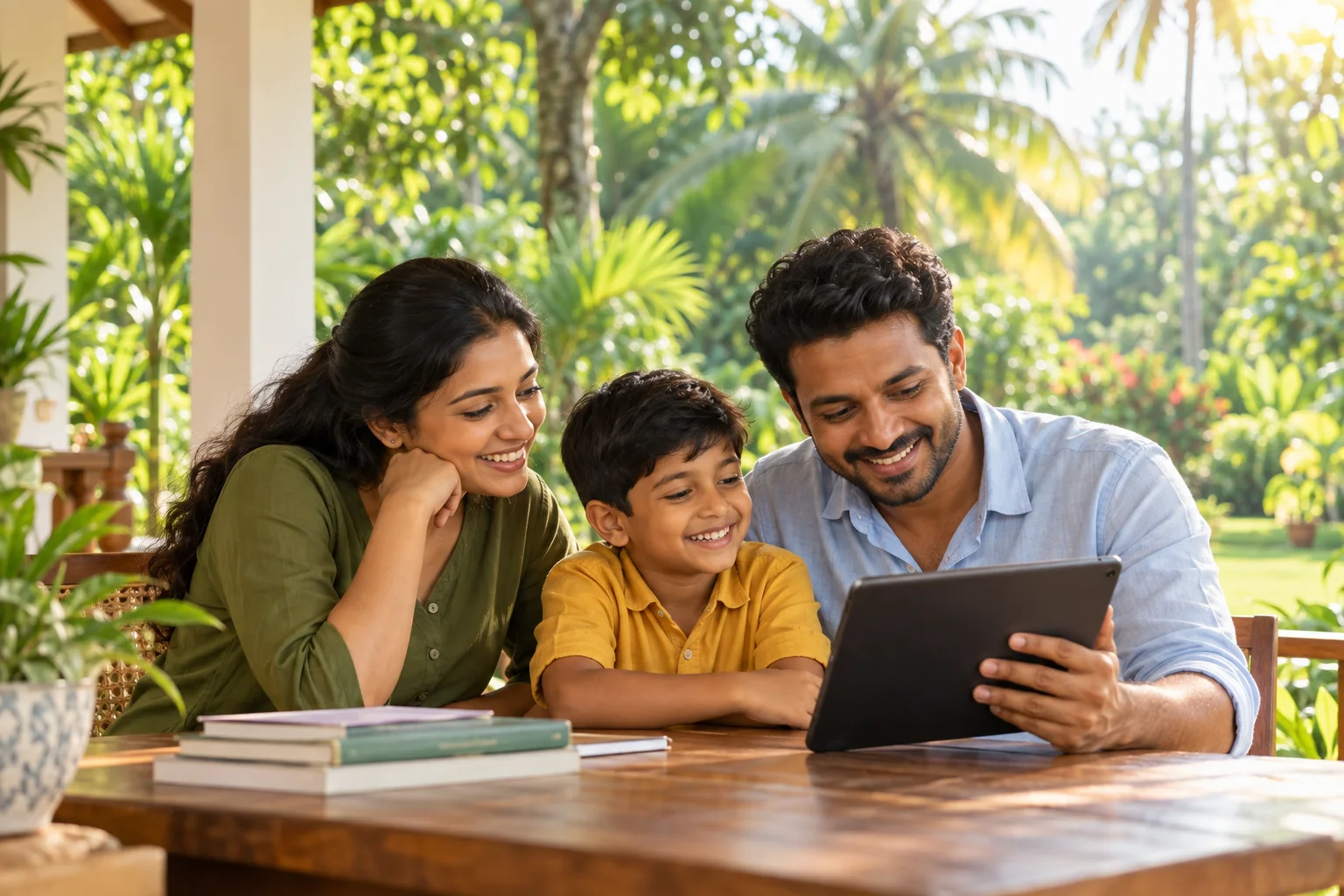 Illustration of a Sri Lankan family using a tablet together.