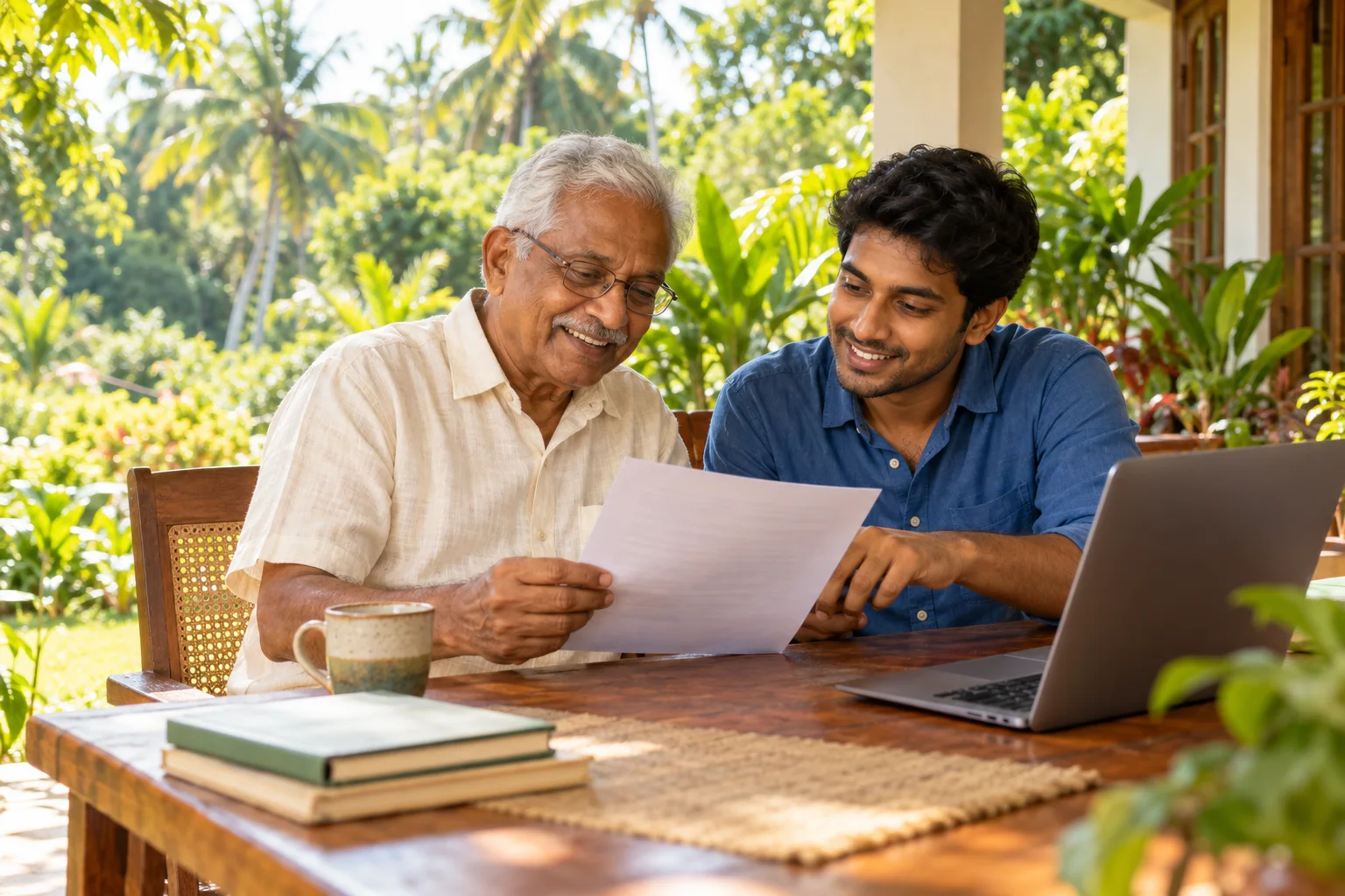 Illustration of two Sri Lankan men reviewing a document together.