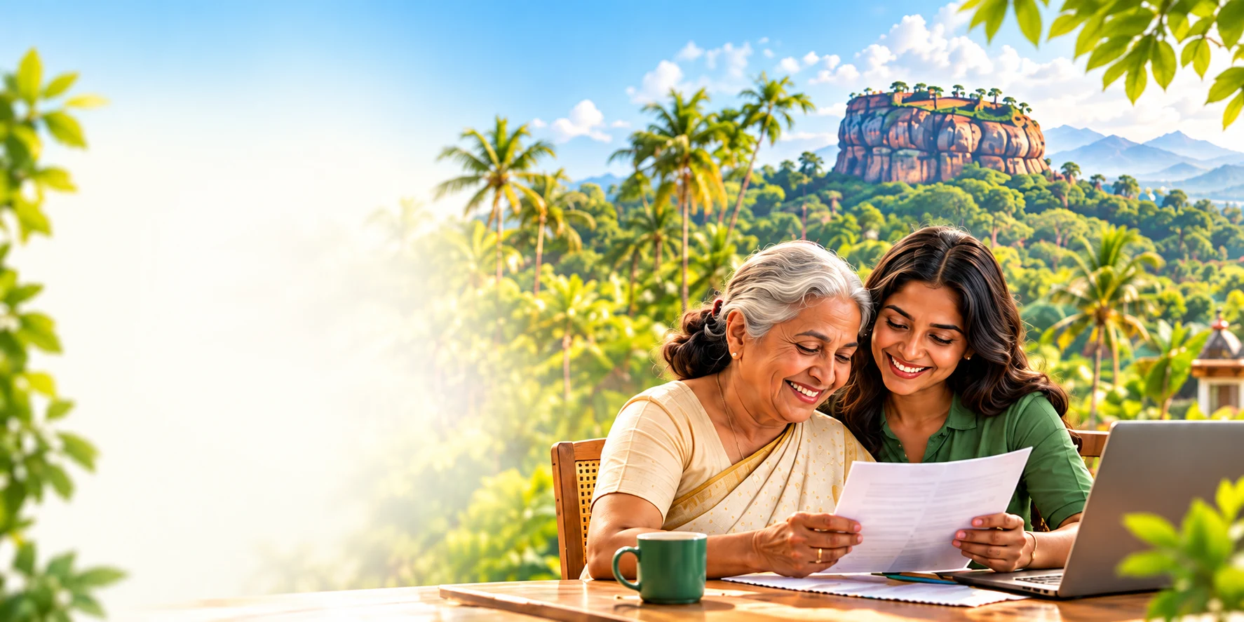 Illustration of two Sri Lankan women reading paperwork together near Sigiriya.