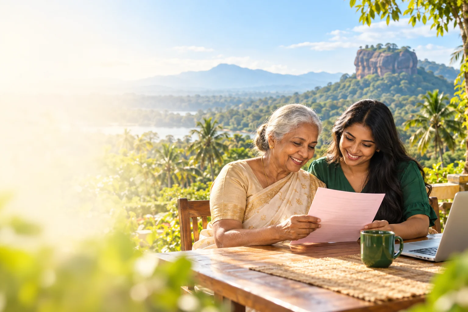 Illustration of two Sri Lankan women reading paperwork together near Sigiriya.